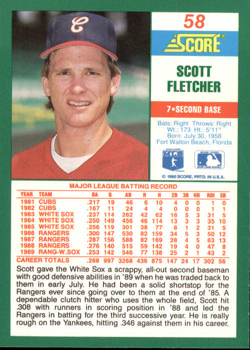 1990 Score #58 Scott Fletcher back image