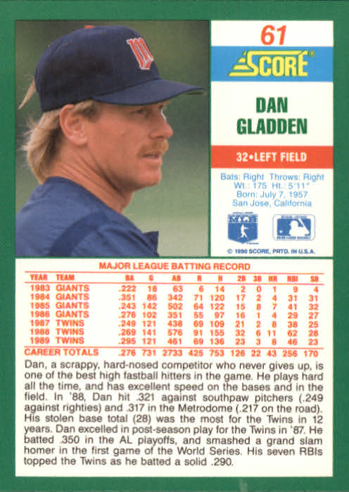 1990 Score #61 Dan Gladden back image