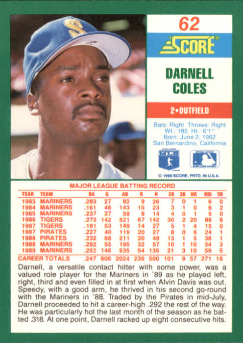 1990 Score #62 Darnell Coles back image