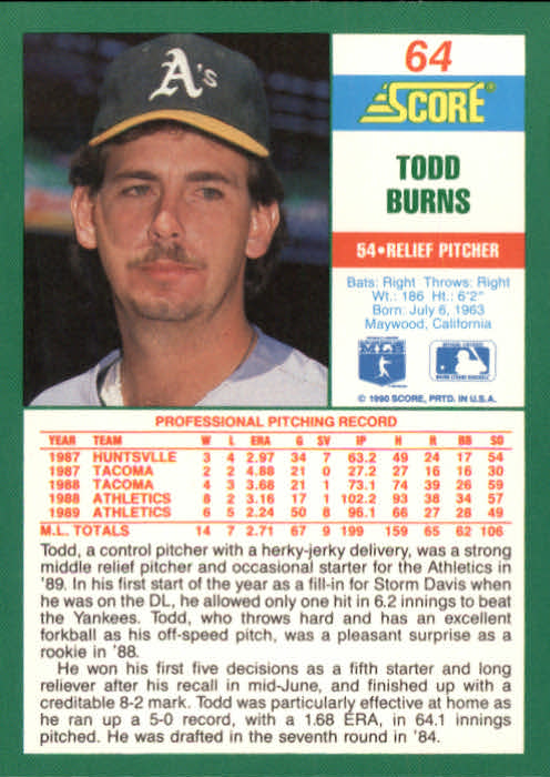 1990 Score #64 Todd Burns back image