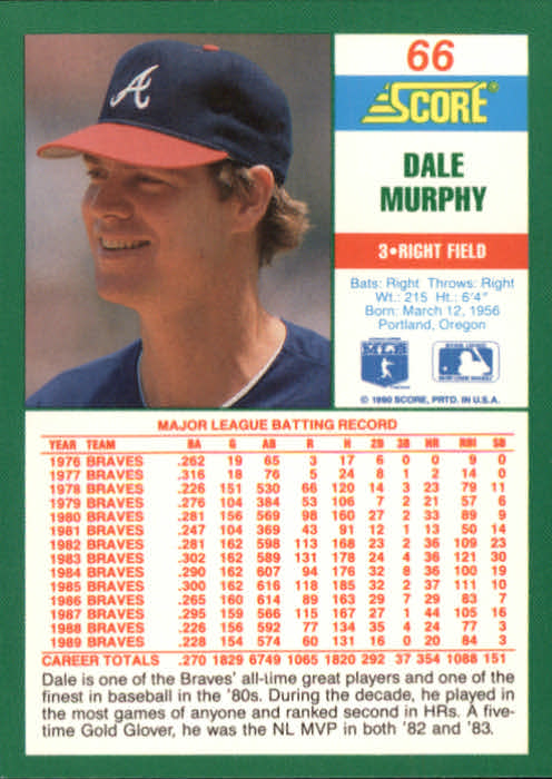 1990 Score #66 Dale Murphy back image