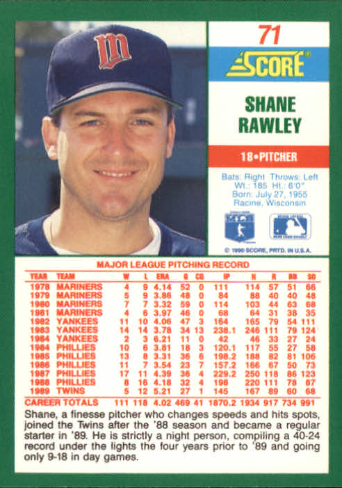 1990 Score #71 Shane Rawley back image