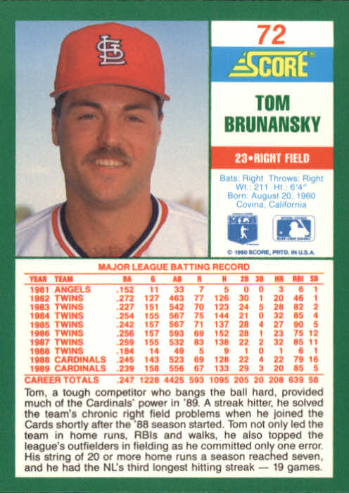 1990 Score #72 Tom Brunansky back image