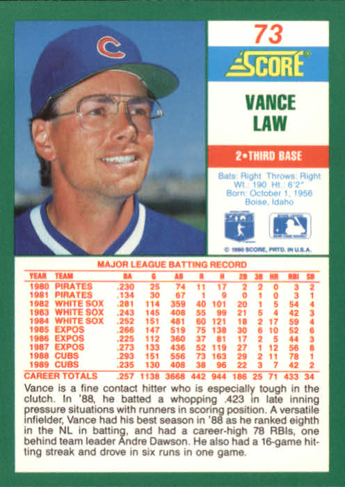 1990 Score #73 Vance Law back image