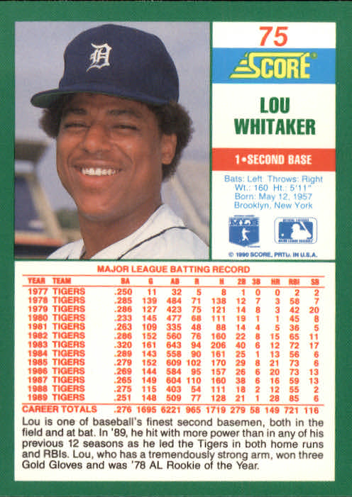 1990 Score #75 Lou Whitaker back image