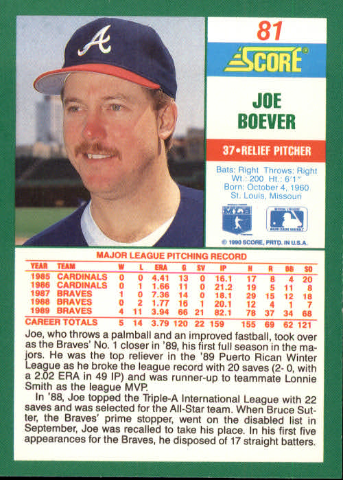 1990 Score #81 Joe Boever back image