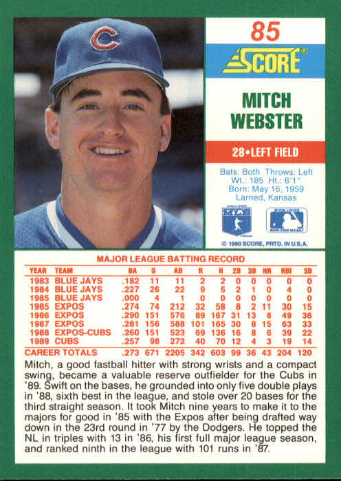1990 Score #85 Mitch Webster back image