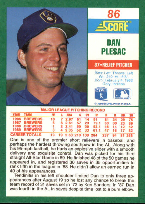 1990 Score #86 Dan Plesac back image