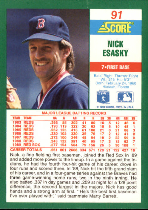 1990 Score #91 Nick Esasky back image