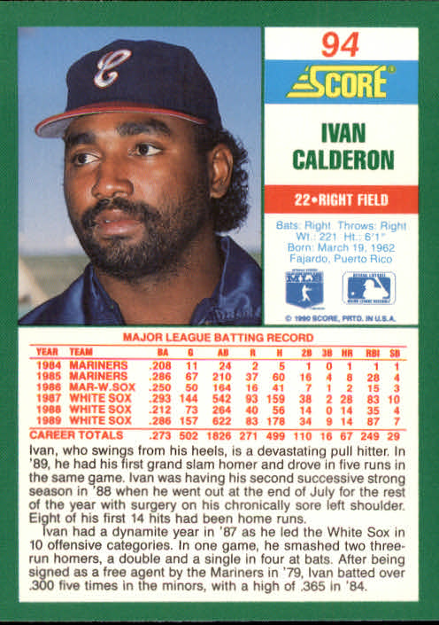 1990 Score #94 Ivan Calderon back image