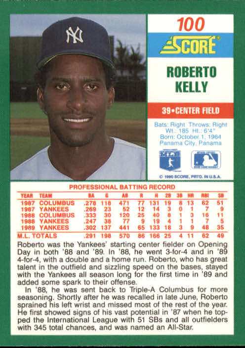 1990 Score #100 Roberto Kelly back image