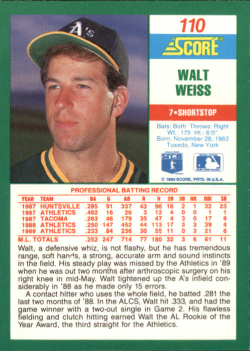 1990 Score #110 Walt Weiss back image