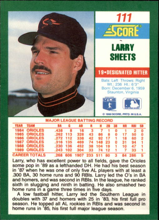 1990 Score #111 Larry Sheets back image