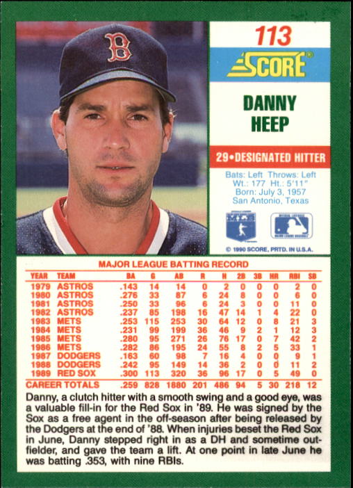 1990 Score #113 Danny Heep back image