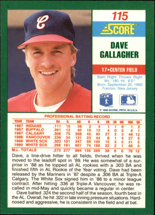 1990 Score #115 Dave Gallagher back image