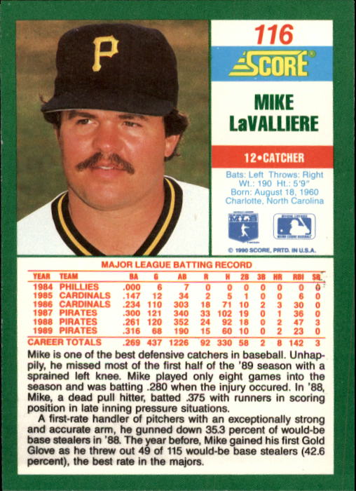 1990 Score #116 Mike LaValliere back image
