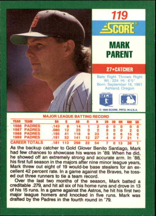 1990 Score #119 Mark Parent back image