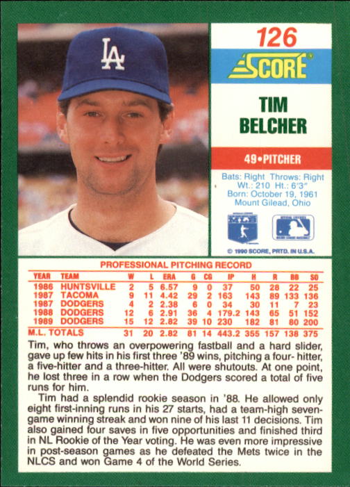 1990 Score #126 Tim Belcher back image