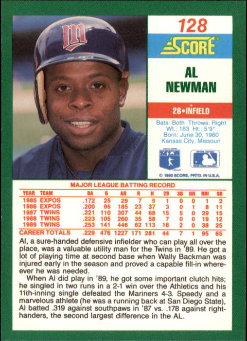 1990 Score #128 Al Newman back image