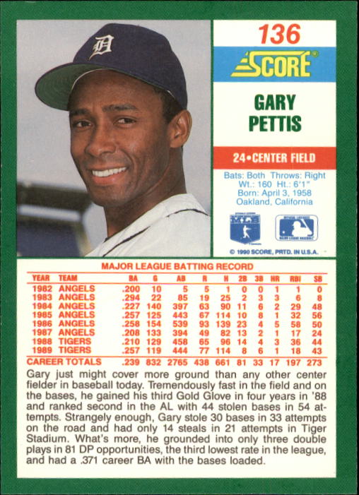 1990 Score #136 Gary Pettis back image