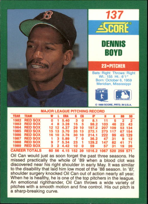 1990 Score #137 Dennis Boyd back image