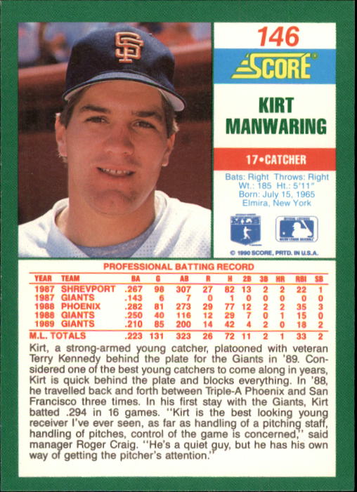 1990 Score #146 Kirt Manwaring back image