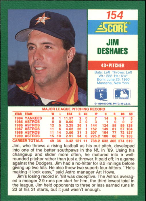 1990 Score #154 Jim Deshaies back image