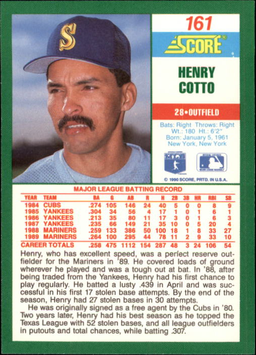 1990 Score #161 Henry Cotto back image