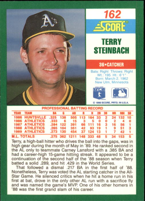1990 Score #162 Terry Steinbach back image