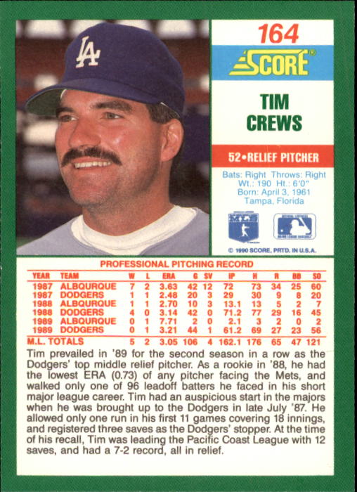 1990 Score #164 Tim Crews back image