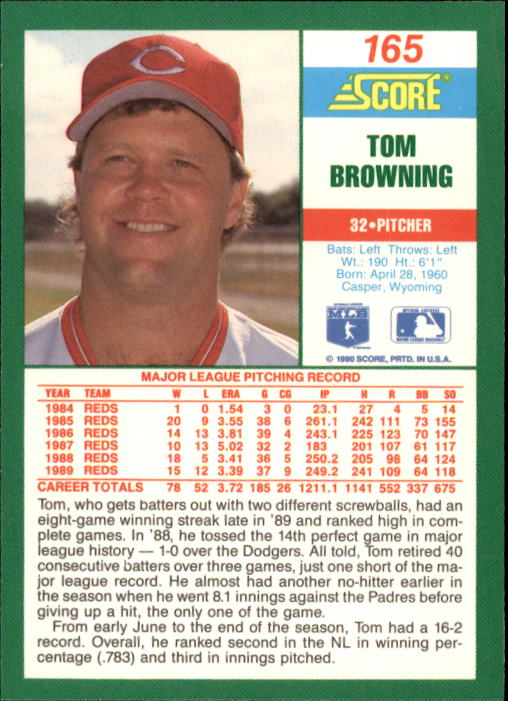 1990 Score #165 Tom Browning back image