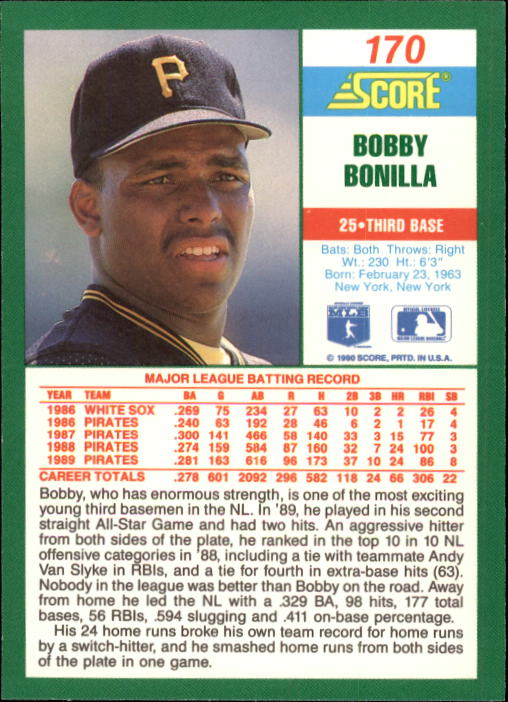 1990 Score #170 Bobby Bonilla back image