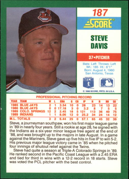 1990 Score #187 Steve Davis RC back image