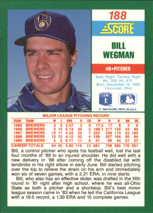 1990 Score #188 Bill Wegman back image
