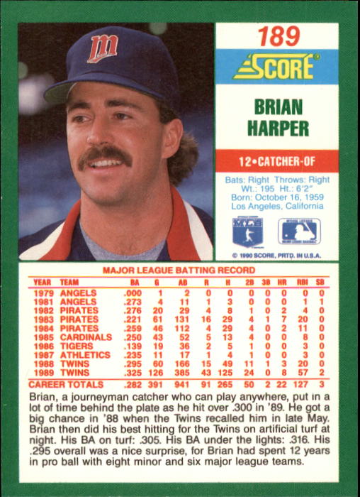 1990 Score #189 Brian Harper back image