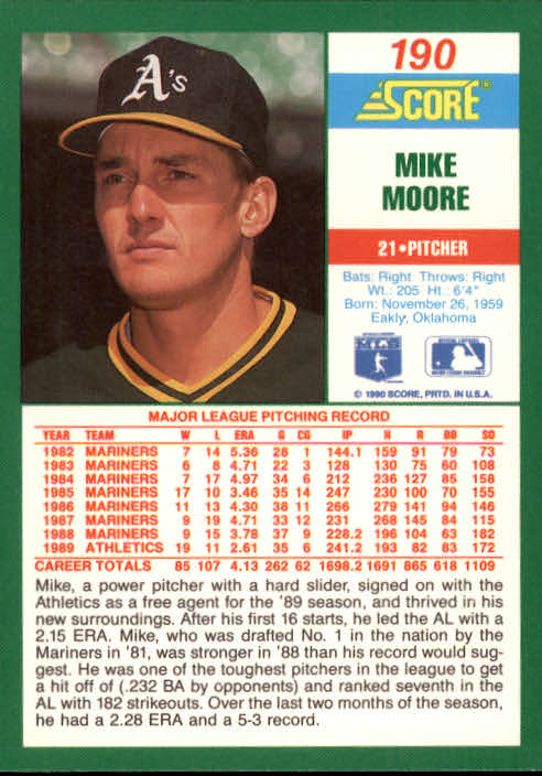 1990 Score #190 Mike Moore back image