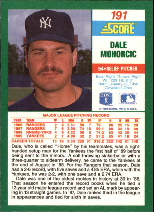 1990 Score #191 Dale Mohorcic back image