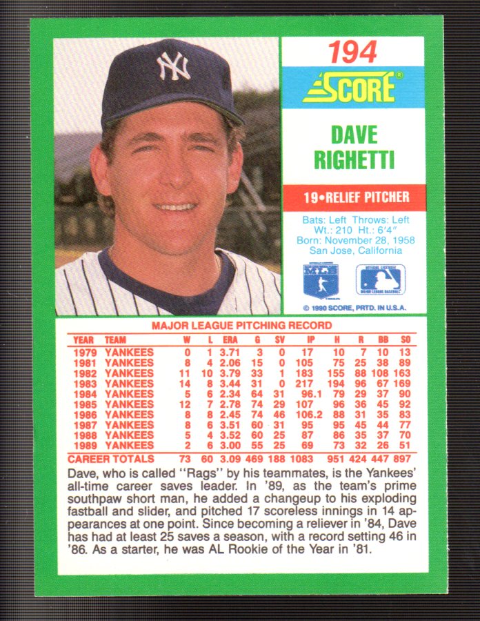 1990 Score #194 Dave Righetti back image