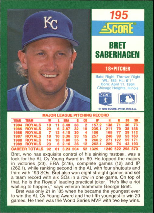 1990 Score #195A Bret Saberhagen ERR/Joke back image