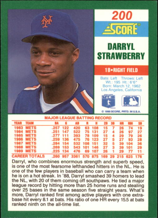 1990 Score #200 Darryl Strawberry back image