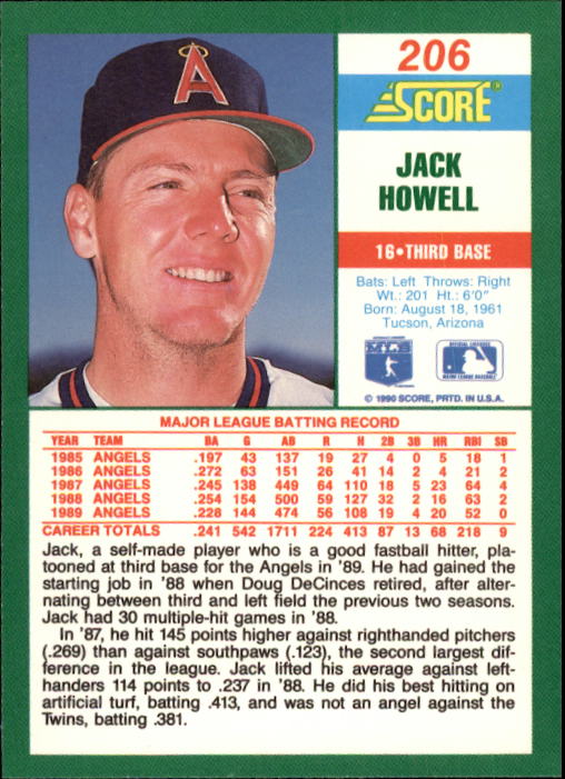 1990 Score #206 Jack Howell back image