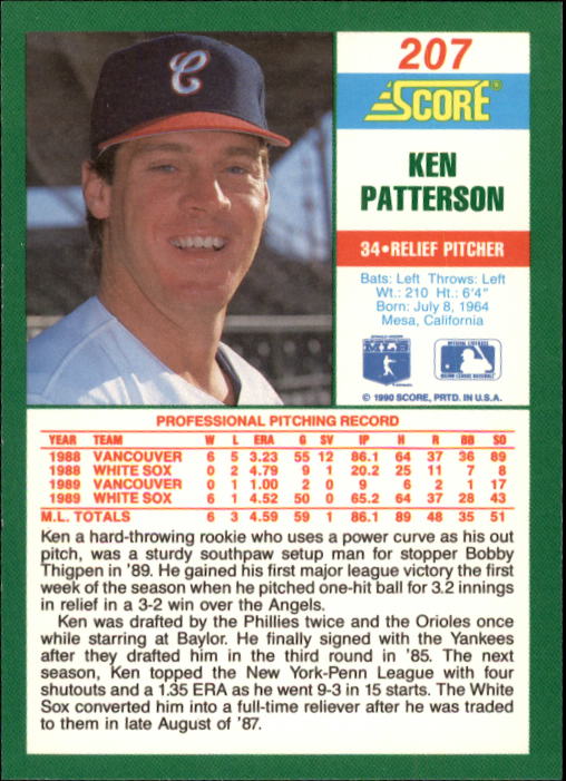 1990 Score #207 Ken Patterson back image