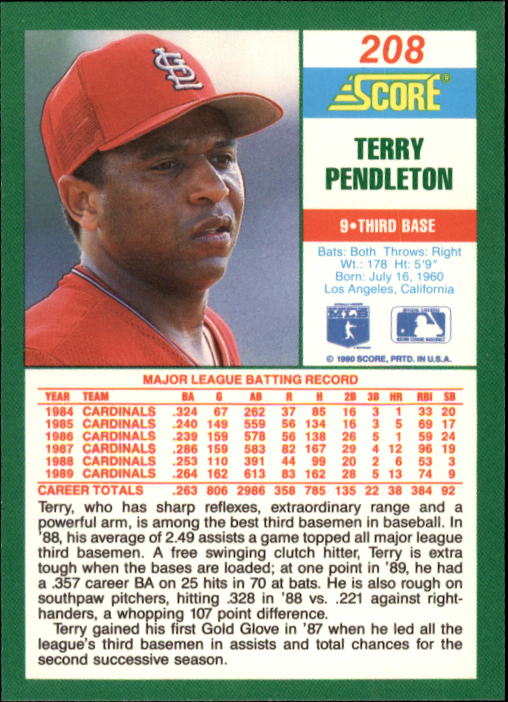 1990 Score #208 Terry Pendleton back image
