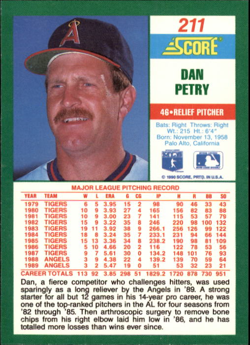 1990 Score #211 Dan Petry back image