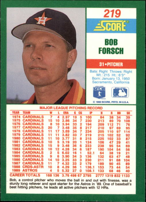 1990 Score #219 Bob Forsch back image