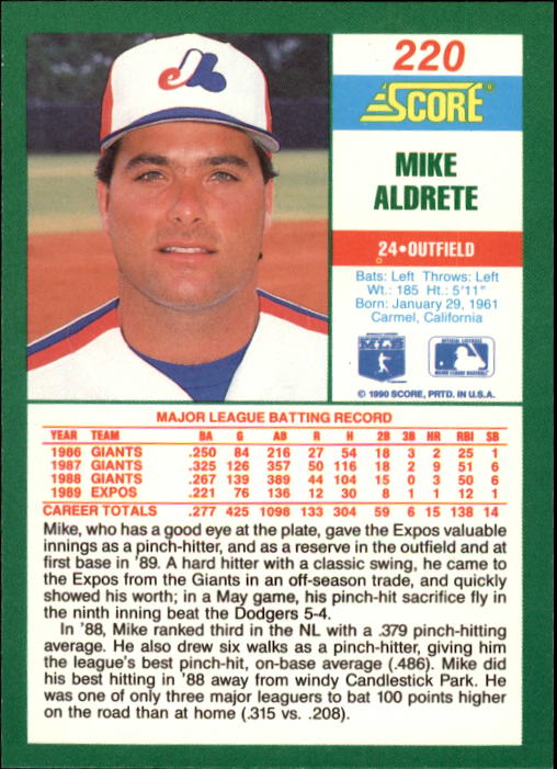 1990 Score #220A Mike Aldrete ERR/25 on back back image