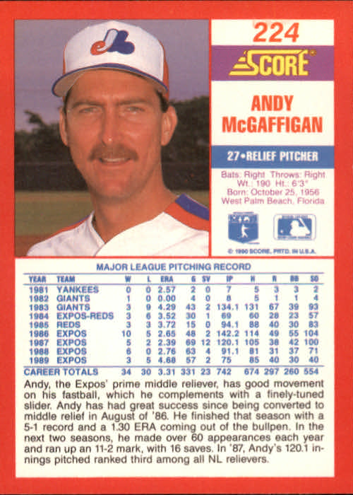 1990 Score #224 Andy McGaffigan back image