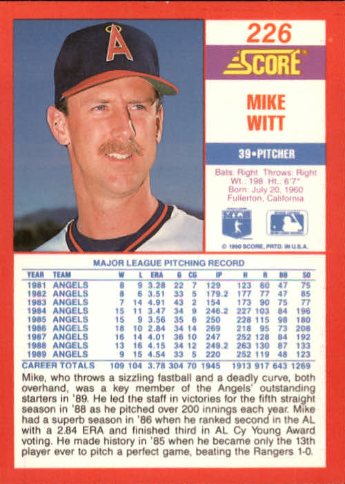 1990 Score #226 Mike Witt back image