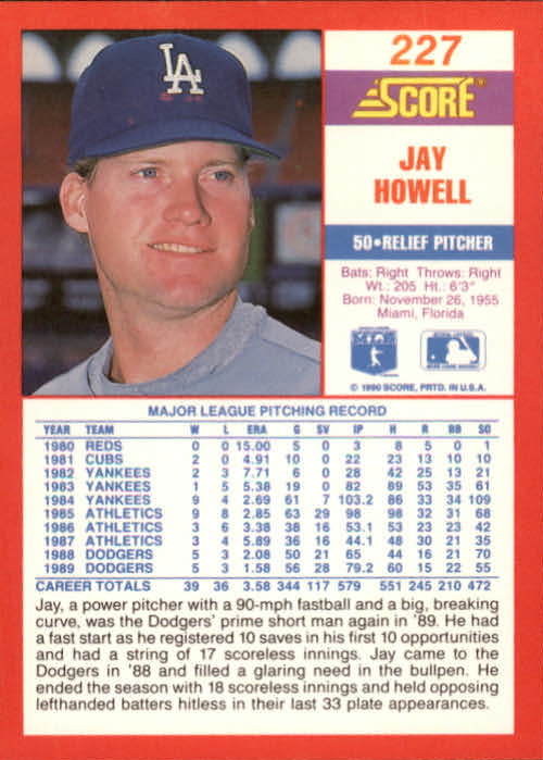 1990 Score #227 Jay Howell back image