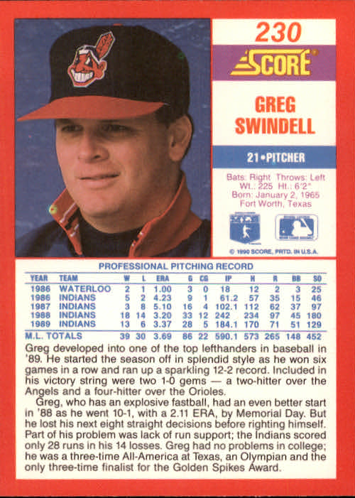 1990 Score #230 Greg Swindell back image